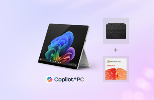 A 13-inch Surface Pro, Copilot+ PC, bundled with a Black Keyboard, Slim Pen, and Microsoft 365.