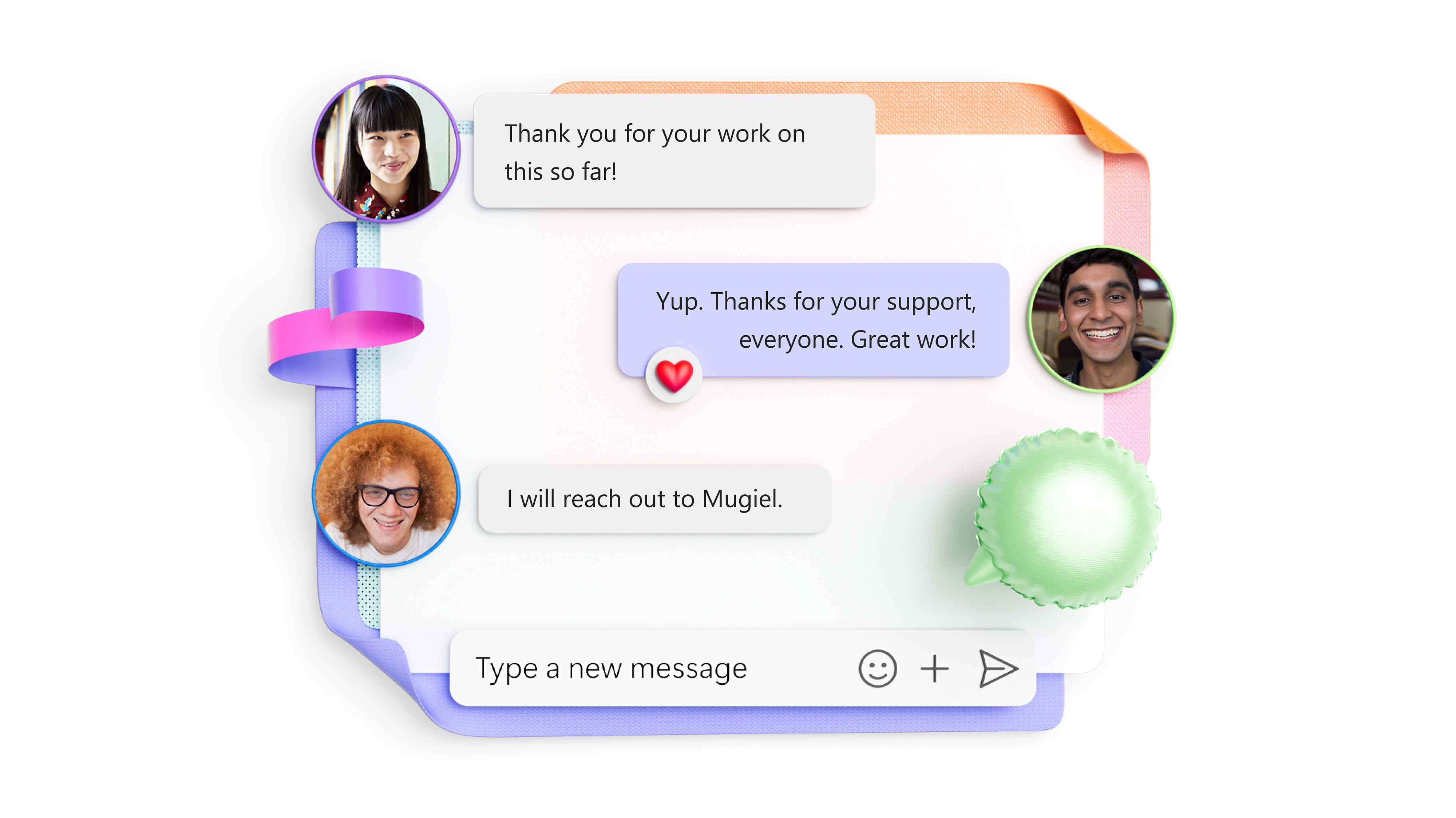 En desktopvisning af et Teams-videoopkald, hvor der vises en præsentation og tekstchat, samt en mobilvisning af en persons chatprofil i Teams.