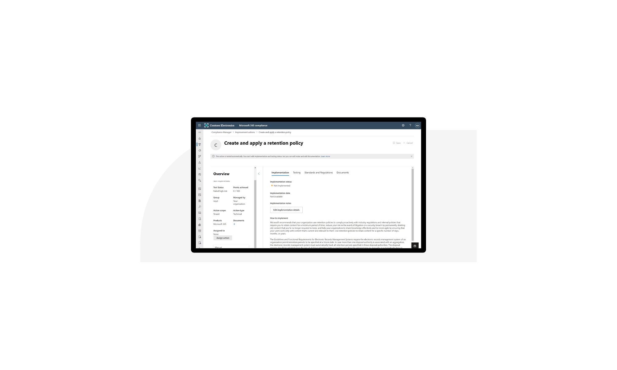 The screen detailing how to create and apply a retention policy in Microsoft 365 compliance.