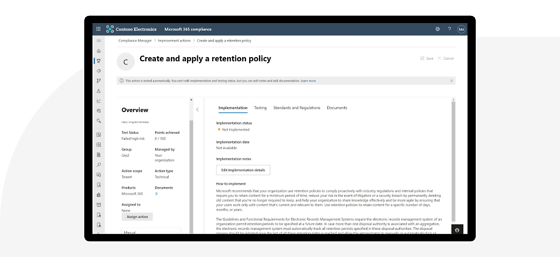 The screen detailing how to create and apply a retention policy in Microsoft 365 compliance.
