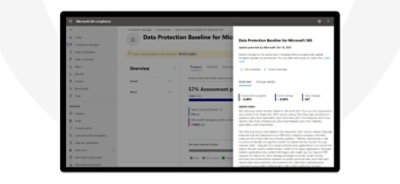 The screen showing an update on Data Protection Baseline for Microsoft 365 in Microsoft 365 compliance.