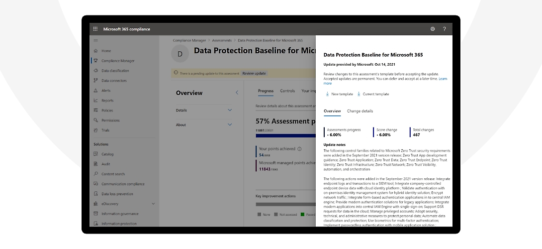 Obrazovka zobrazující aktualizaci základní úrovně ochrany dat pro Microsoft 365 v dodržování předpisů Microsoftu 365
