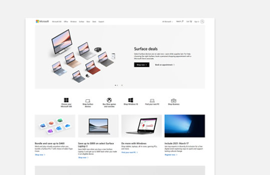 The Microsoft Store home page showing a collection of Surface devices and category navigation icons.