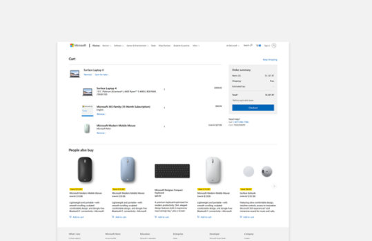 The checkout page on Microsoft Store showing products in the cart and pricing details.