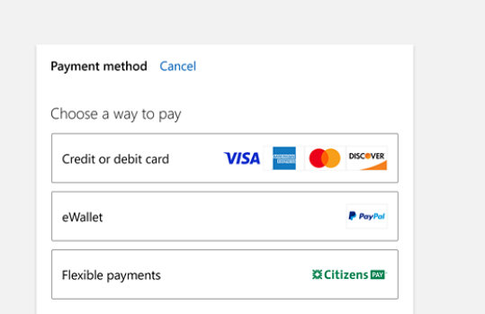 The payment option dropdown with Citizens Pay selected on the checkout page on Microsoft Store. 