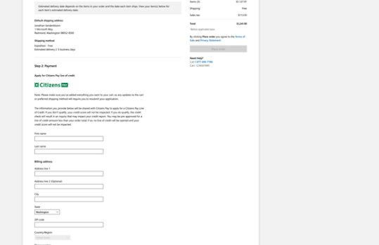 The Citizens Pay application form on the checkout page on Microsoft Store. 