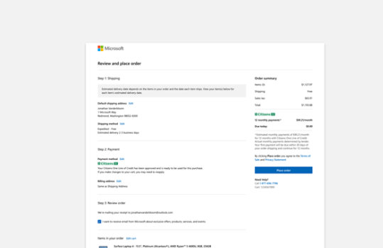 The checkout page on Microsoft Store with an order processing.