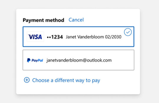 Screengrab of the checkout page showing Payment method with Choose a different way to pay below two existing payment methods.