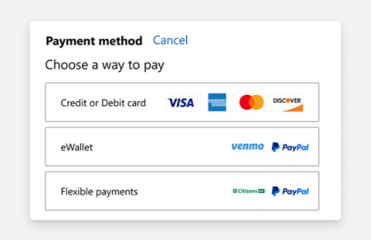 Screengrab of the checkout page showing Payment method followed by Choose a way to pay followed by three payment methods.