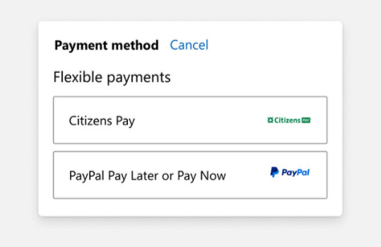Screengrab of the checkout page showing Payment method with Flexible payments selected, followed by buttons for Citizens Pay and PayPal Pay Later or Pay Now by PayPal.
