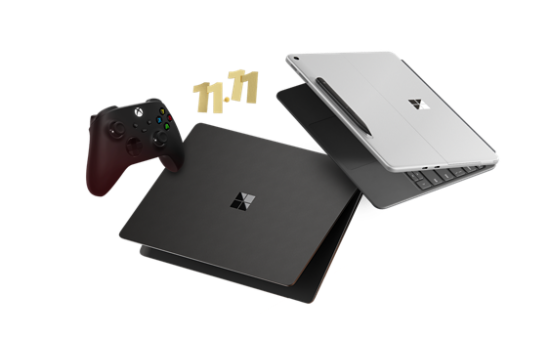 Surface Copilot+ PC devices and an Xbox Wireless Controller. 11 11 on display.