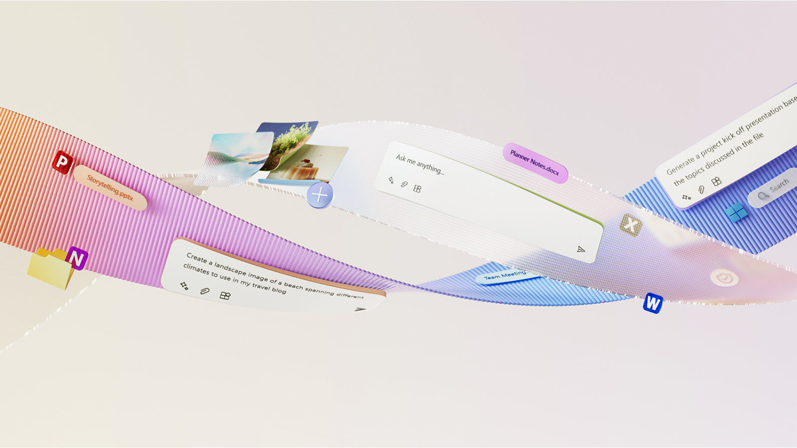 Microsoft 365-apps zoals Word en PowerPoint, die worden verbeterd door AI-ervaringen met Microsoft 365 Copilot.