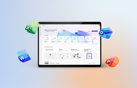 A tablet displays the Microsoft 365 home page.