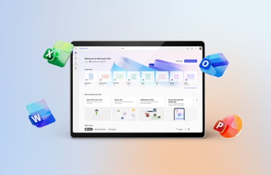 A tablet displays the Microsoft 365 home page.
