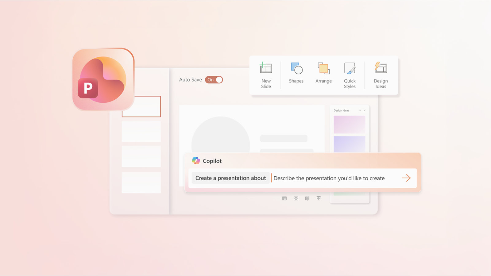 Er wordt een PowerPoint-presentatie getoond die open staat op het scherm van een Surface Laptop 6 voor zakelijk gebruik omringd door de logo's van Copilot en PowerPoint, waarmee wordt gesuggereerd hoe AI-kracht kan worden gebruikt in Microsoft 365-apps.