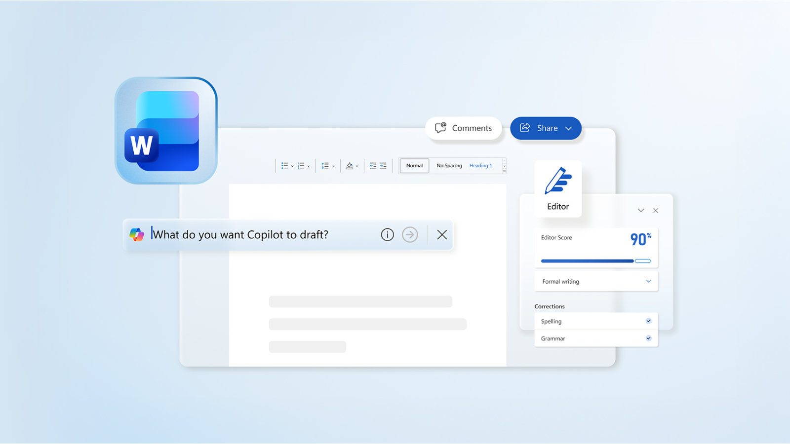 Copilot voor Microsoft 365 gebruikt AI-kracht in een Word-document en suggereert de AI-kracht van Surface Laptop 6 voor zakelijk gebruik.