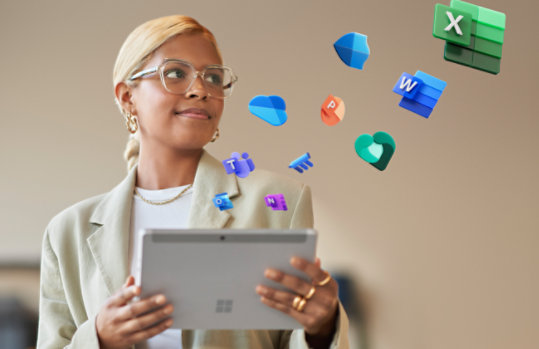 A young businesswoman uses a Surface Pro tablet with Microsoft 365.