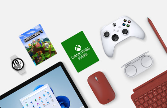 A Surface Go 3 with poppy red accessories, a Samsung smart watch, Surface Earbuds, an Xbox controller, with Minecraft, and Xbox Game Pass Ultimate.