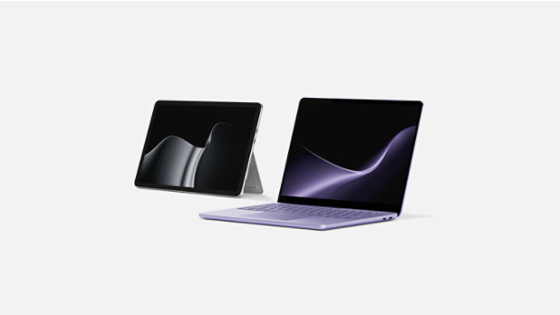 A Surface Laptop, 13-inch (2nd Edition) in the color Violet and a Surface Pro, 12-inch (2nd Edition) in the color Platinum. 