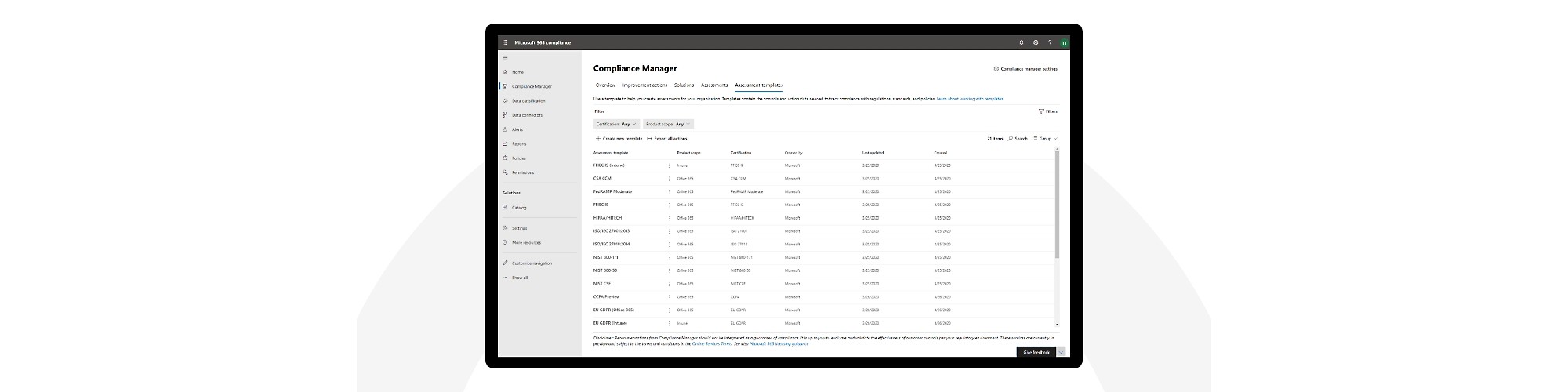 A list of assessment templates in Compliance manager