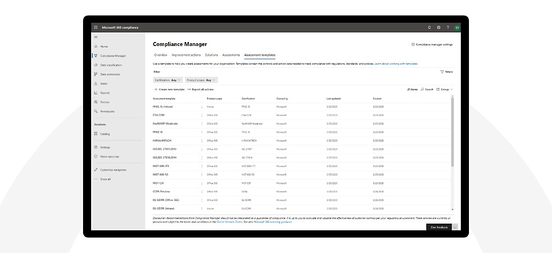 A list of assessment templates in Compliance manager