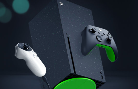 An Xbox Series X Galaxy and an adaptive joystick controller.