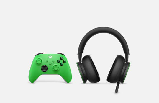 Xbox Wireless Headset and Xbox Wireless Controller in Velocity Green.