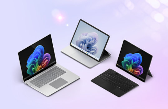 A Surface Laptop Copilot+ PC, a Surface Laptop Studio, and a Surface Pro Copilot+ PC.