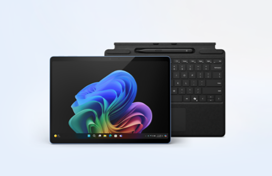 A Sapphire Blue Surface Pro Copilot Plus PC tablet bundled with a Black Surface Pro Keyboard with Slim Pen.