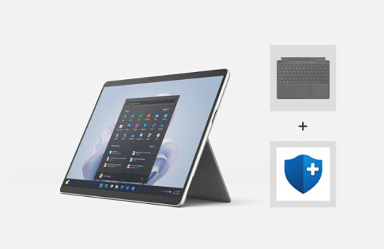 A Surface Pro 9 for Business bundled with a keyboard and Microsoft Complete.