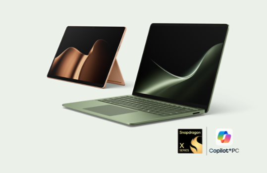 The latest edition Surface PCs—a Surface Laptop in the color Jade and a Surface Pro in the color Dune.