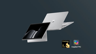The all-new Surface for Business lineup, powered by Snapdragon—a floating Surface Laptop for Business and a floating Surface Pro for Business, both in the color Platinum.