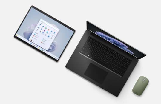 Portátiles Surface Pro 9 y Surface Laptop 5 con un ratón portátil.