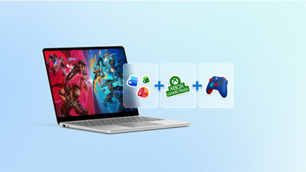 A Surface laptop displaying gaming graphics on the screen, with three tiles showing icons for Microsoft 365 applications, Xbox Game Pass, and an Xbox controller.