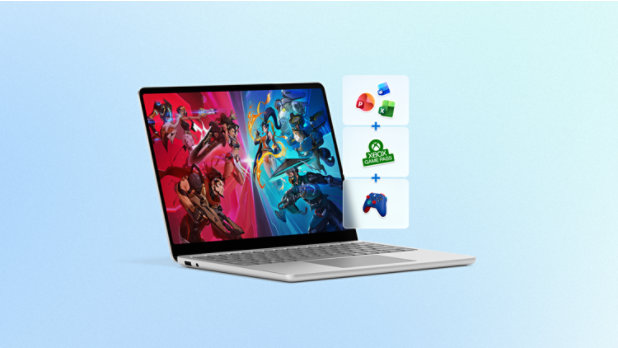 A Surface laptop displaying gaming graphics on the screen, with three tiles showing icons for Microsoft 365 applications, Xbox Game Pass, and an Xbox controller.