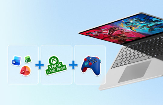 A surface laptop displaying gaming graphics on the screen, with three tiles showing icons for Microsoft 365 applications, Xbox Game Pass, and an Xbox controller.