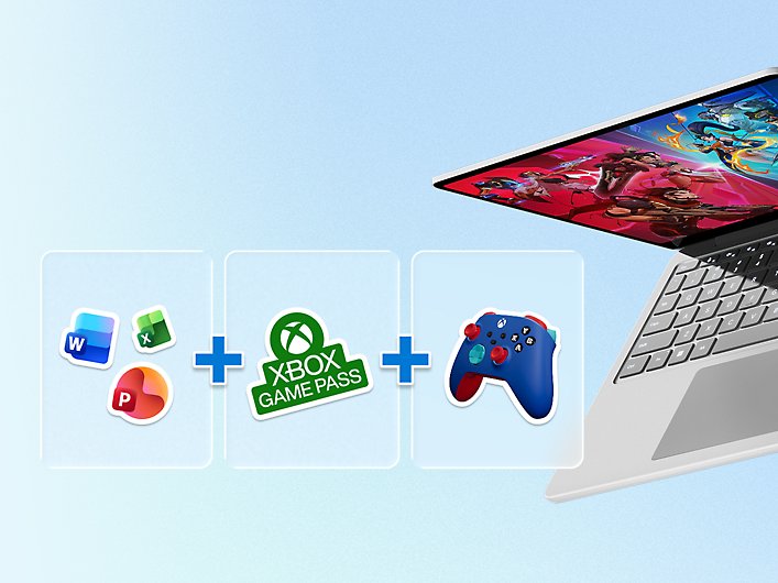 A surface laptop displaying gaming graphics on the screen, with three tiles showing icons for Microsoft 365 applications, Xbox Game Pass, and an Xbox controller.