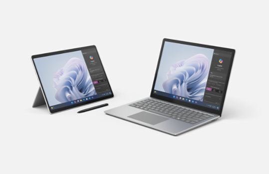 Image of Surface for Business Familie mit Surface Pro 10 auf Kickstand, Surface Slim Pen 2 und Surface Laptop 6.