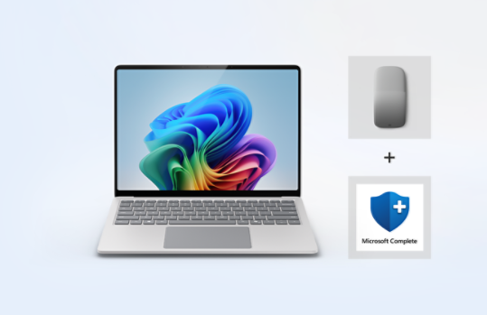 Surface Laptop, Copilot+ PC、Surface アークマウスと Microsoft Complete のセット。