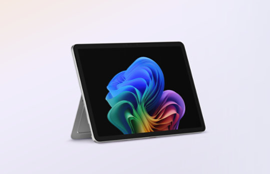 An angled view shows a Surface Pro, Copilot+ PC, 12-inch in the colour Platinum with the kickstand engaged. 