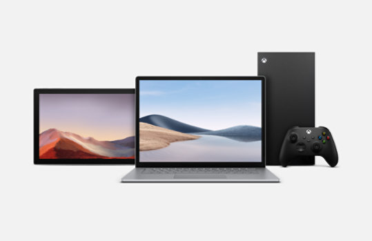 Een gereviseerde Surface Pro 7, Laptop 4 en Xbox Series X.' Alle 3 de producten zijn gereviseerd.