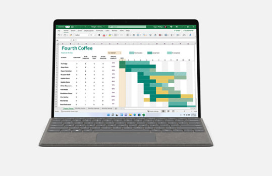 Platinum Surface Pro 9 voor zakelijk gebruik met Excel op het scherm. 