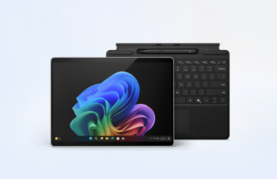 A Surface Pro shown with a Surface Keyboard on a light background.