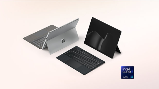 A Surface Pro for Business in the color Platinum and a Surface Pro for Business in the colour Black, Copilot Plus PCs with Intel® processors, paired with the Surface Pro 13-inch Flex Keyboard for Business.