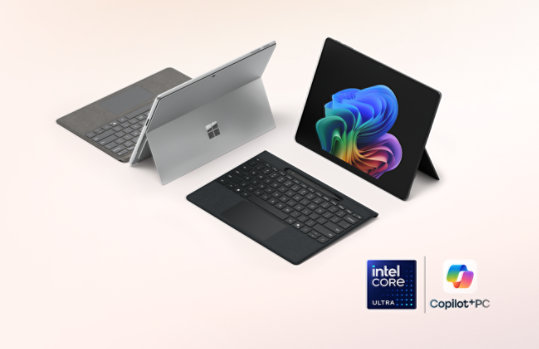 A Surface Pro for Business in the color Platinum and a Surface Pro for Business in the color Black, Copilot Plus PCs with Intel® processors, paired with the Surface Pro 13-inch Flex Keyboard for Business.  