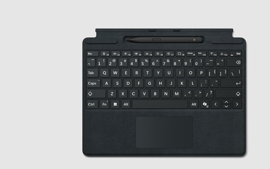 A top-down view of a Surface Pro Keyboard with pen storage with optional bold keyset.