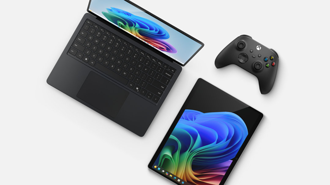 Surface Laptop 7 and Surface Pro 11 featuring Copilot, and an Xbox controller.
