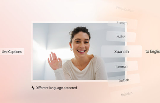 A video call window shows a person waving while live captions detect another language and translate it to English.