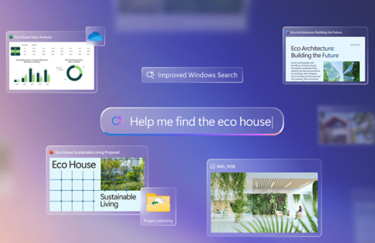 A windows search interface shows the prompt Help me find the eco house with related files, charts, and image results.