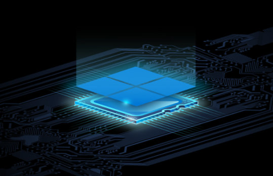 Imagem abstrata em grande plano do logótipo da Microsoft sobre uma placa-mãe, destacando a forma como a segurança está integrada no dispositivo.